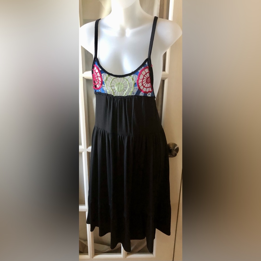 Derek Heart embroidered black spaghetti strap ruffle flowy mini dress